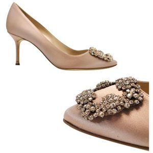 MANOLO Blahnik Champagne Hangisi 70mm Crystal Embellished Satin Pumps